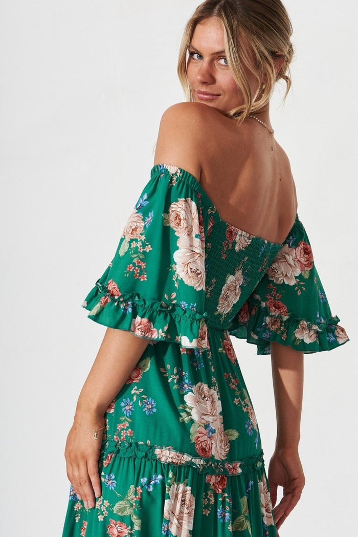 Casia Maxi Dress In Green With Beige Floral - St Frock (Dev)