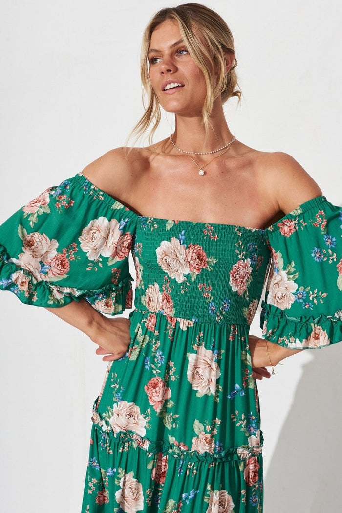 Casia Maxi Dress In Green With Beige Floral - St Frock (Dev)