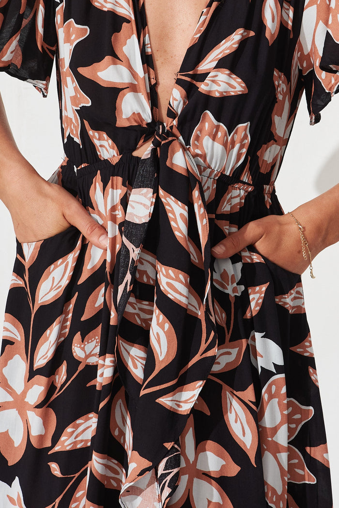 Healy Maxi Dress In Black With Rust Floral - detail