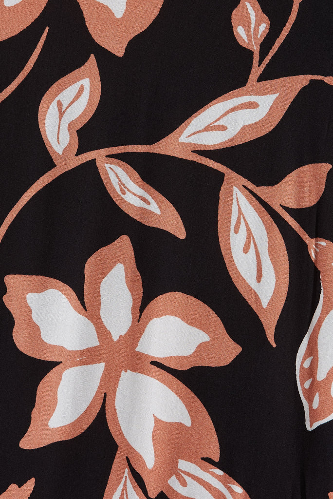 Healy Maxi Dress In Black With Rust Floral - fabric