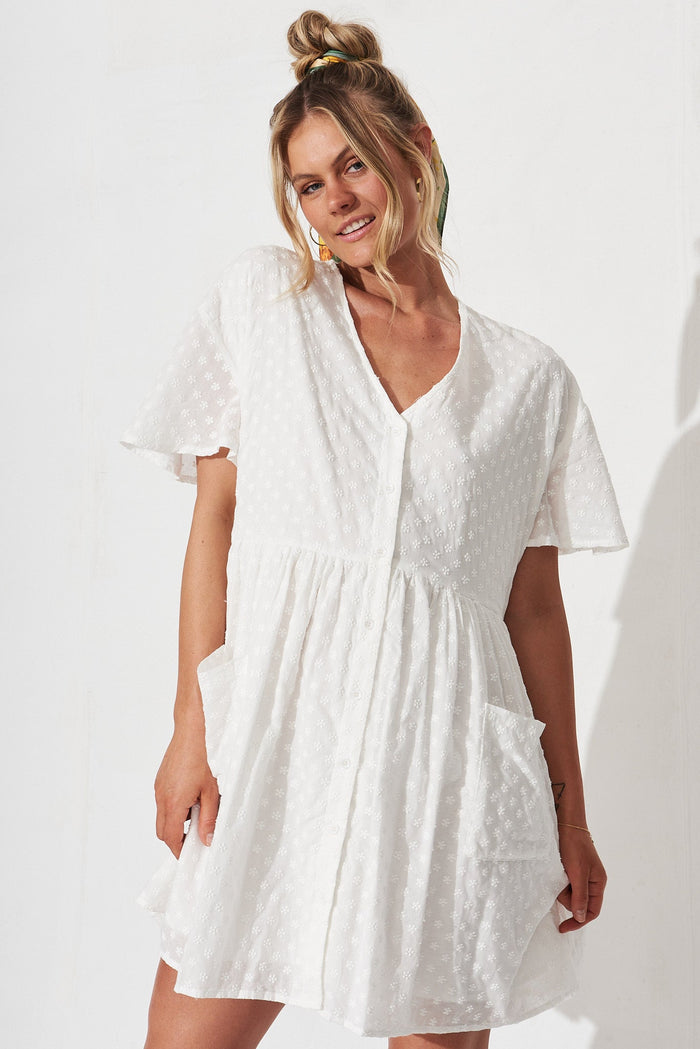 Joesa Smock Dress In White Broderie Cotton - front