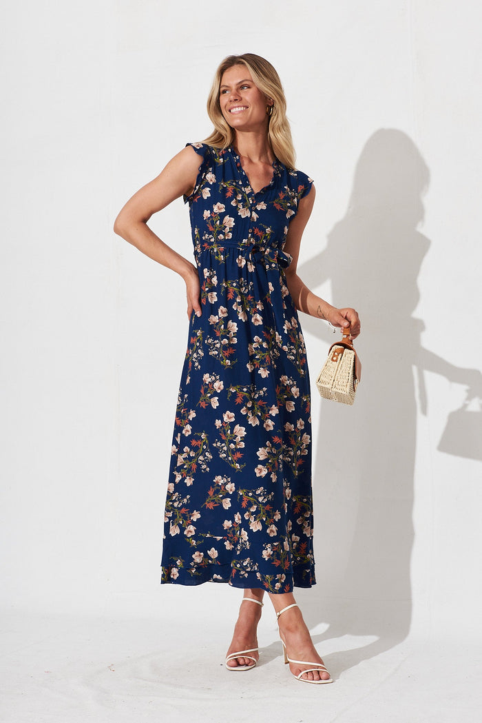 Glowing Maxi Dress In Navy With Cream Foral - full length