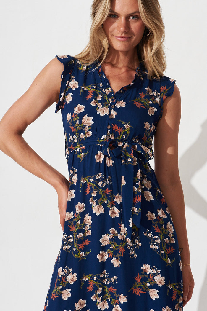 Glowing Maxi Dress In Navy With Cream Foral - front