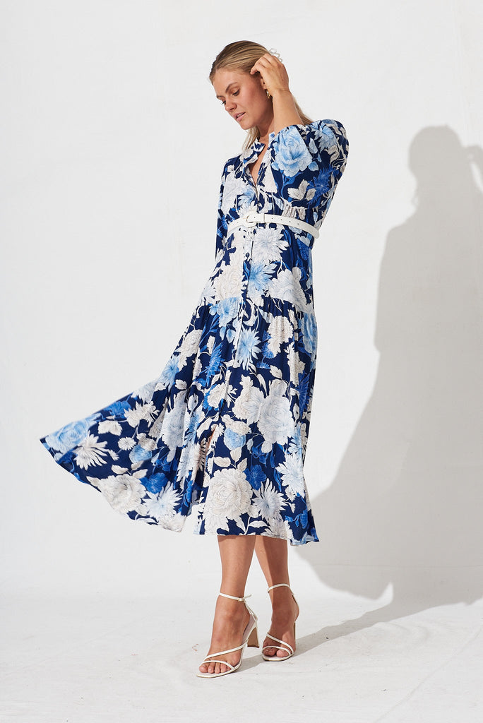 Jediya Midi Dress In Blue With White Floral - full length