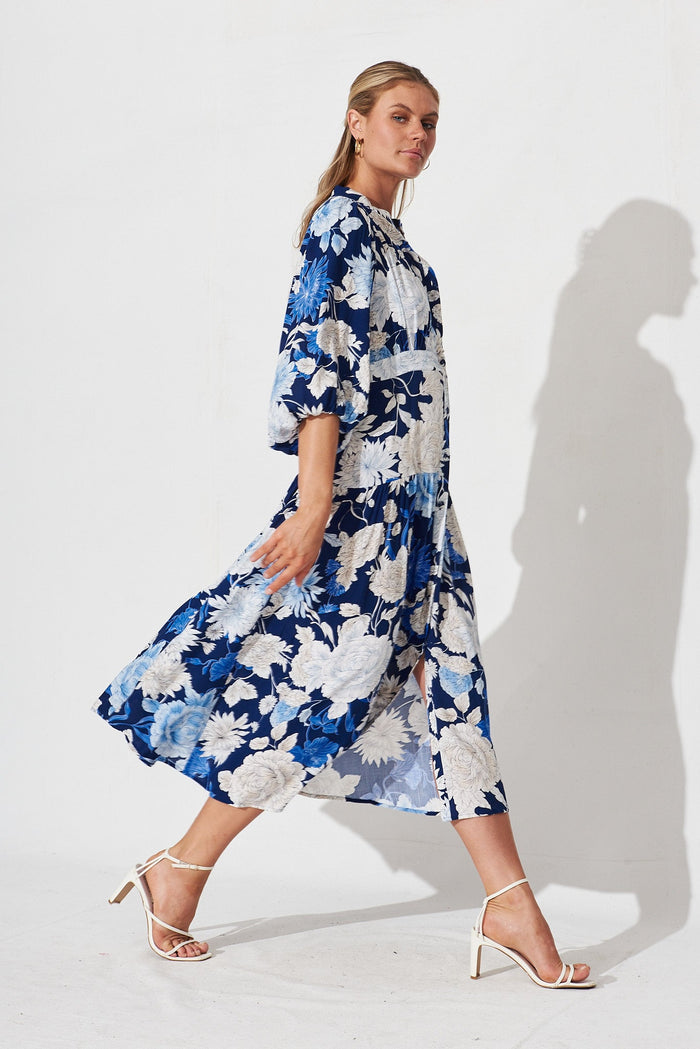 Jediya Midi Dress In Blue With White Floral - side