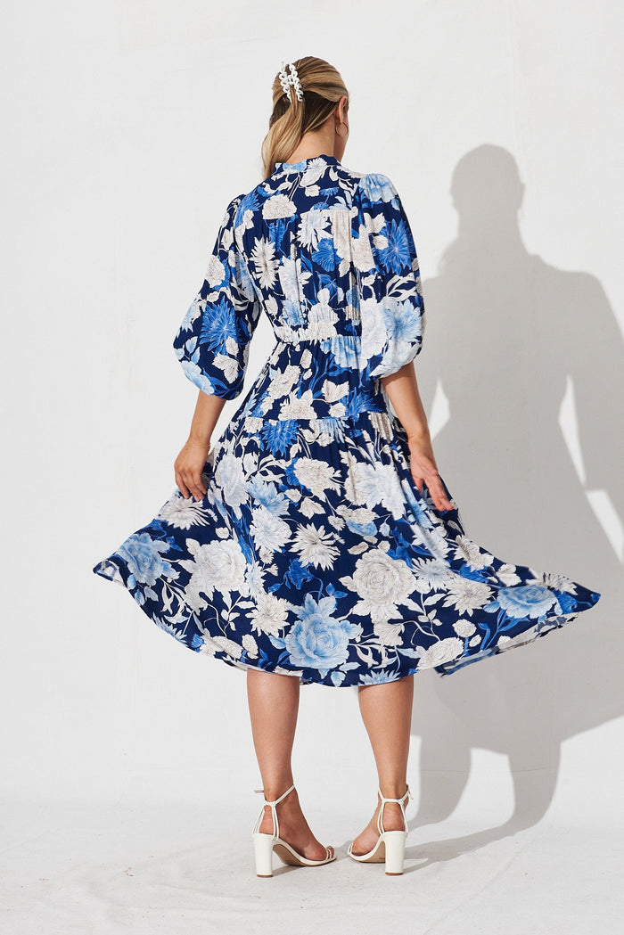 Jediya Midi Dress In Blue With White Floral - back
