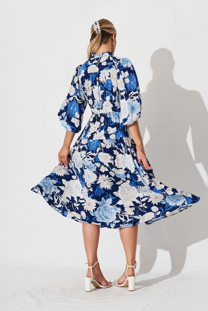 Jediya Midi Dress In Blue With White Floral - back