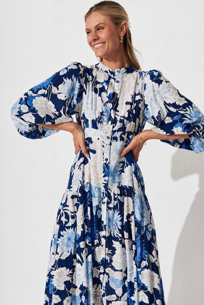 Jediya Midi Dress In Blue With White Floral - front