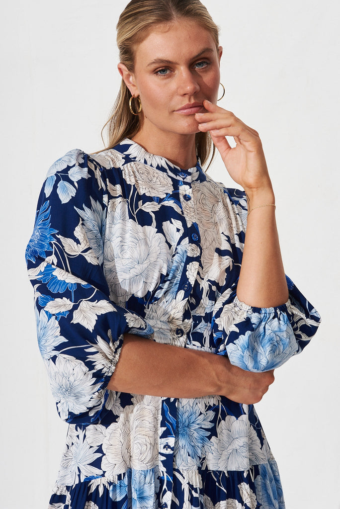 Jediya Midi Dress In Blue With White Floral - detail