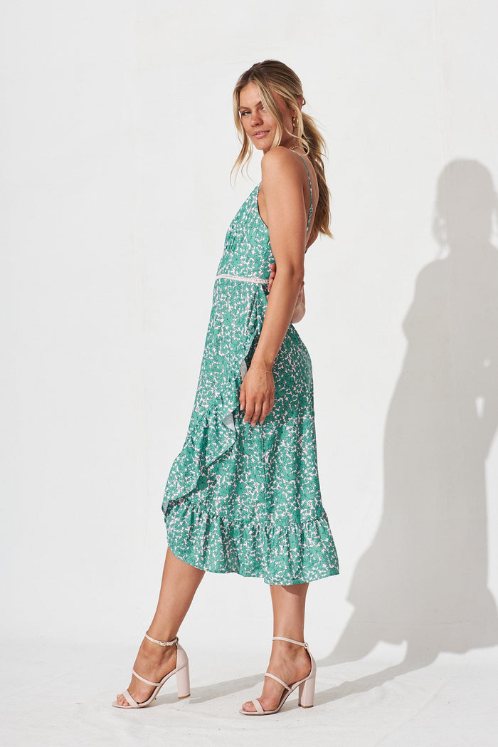 Jaxine Midi Sun Dress In Blush With Green Floral Linen Blend - side