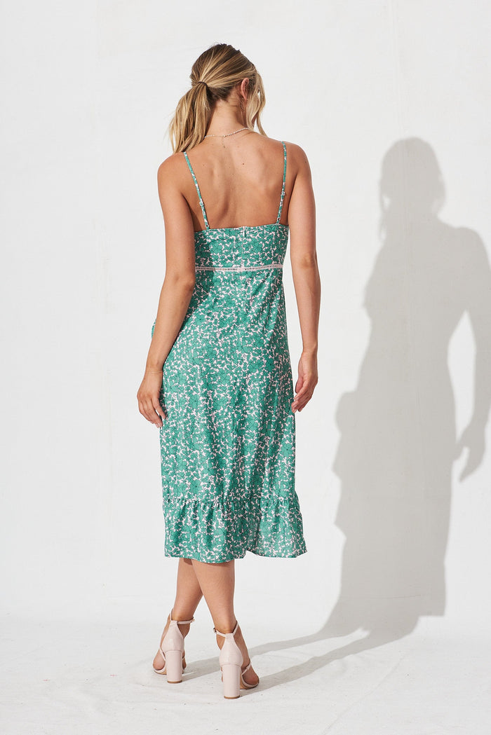 Jaxine Midi Sun Dress In Blush With Green Floral Linen Blend - back