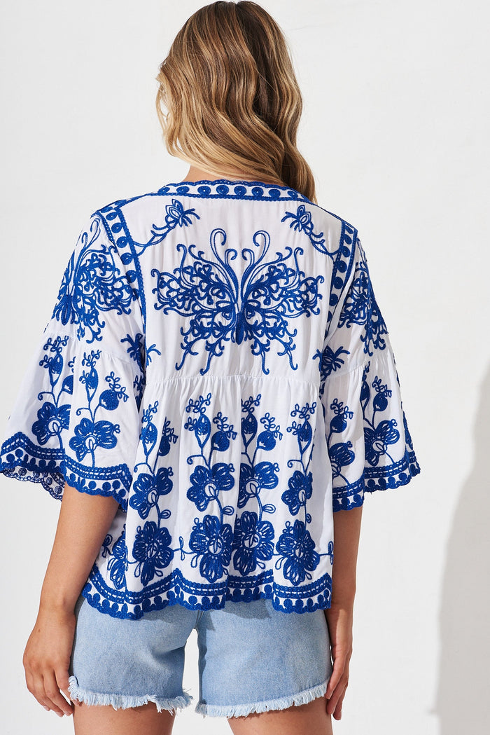 Vase Smock Top In White With Blue Crochet  - back