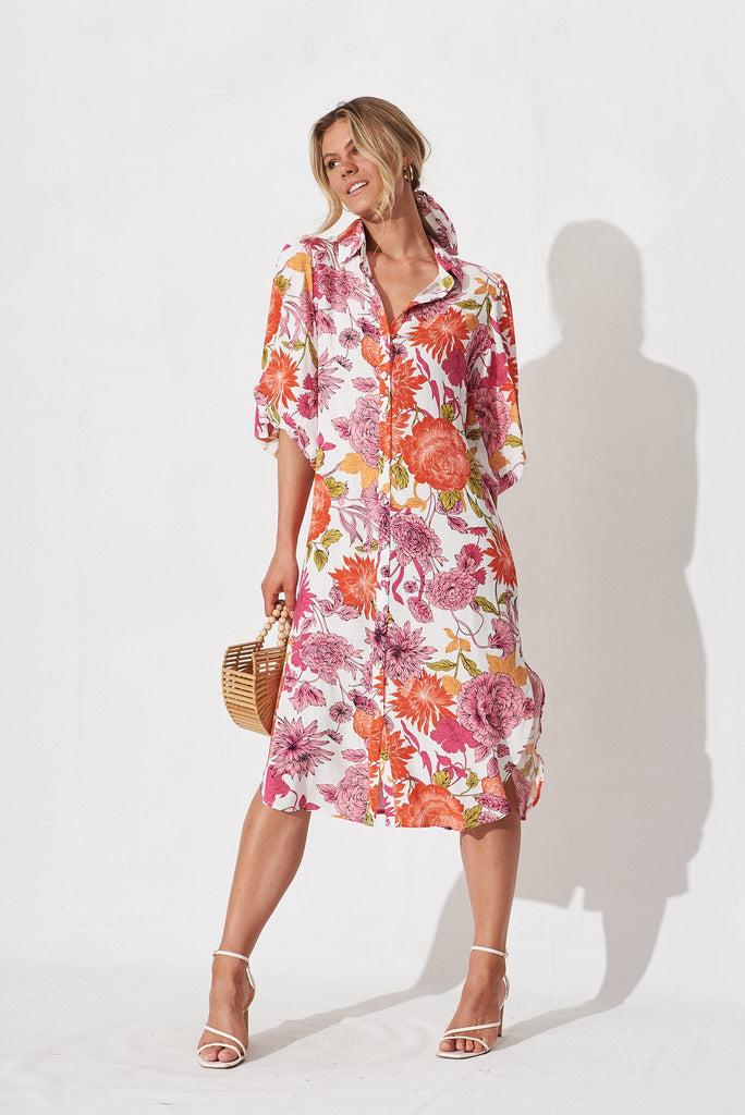 Francy Midi Shirt Dress In Orange And Pink Floral - full length