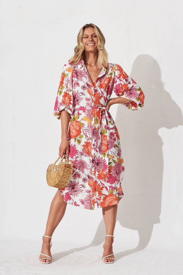 Francy Midi Shirt Dress In Orange And Pink Floral - full length