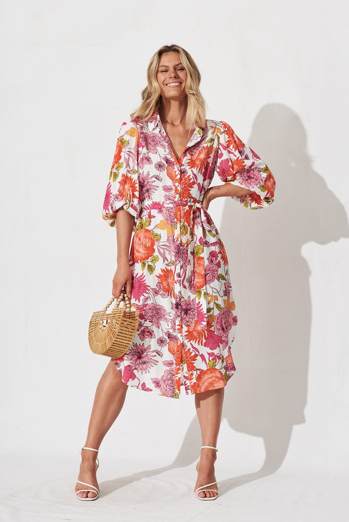 Francy Midi Shirt Dress In Orange And Pink Floral - full length