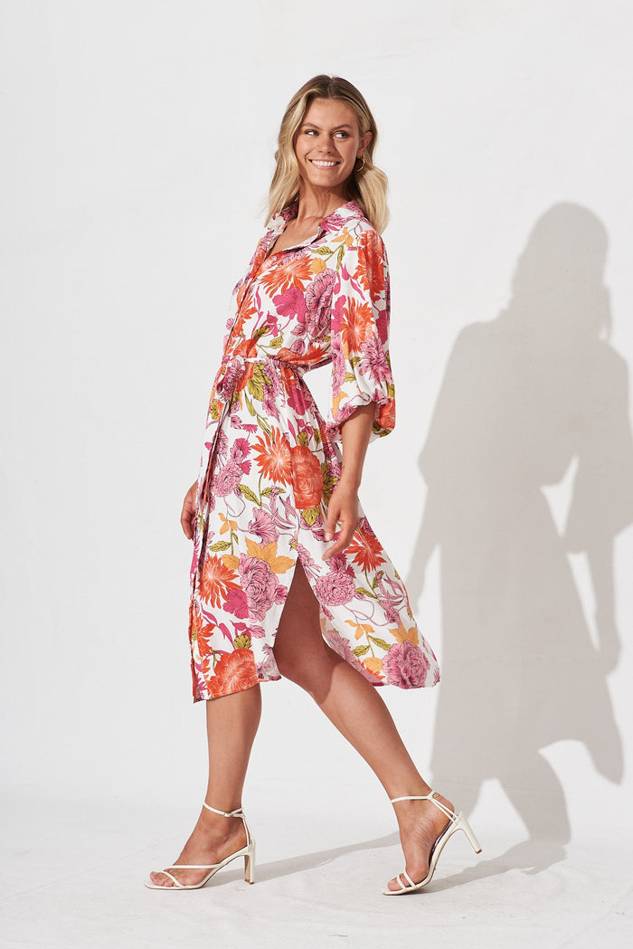 Francy Midi Shirt Dress In Orange And Pink Floral - side
