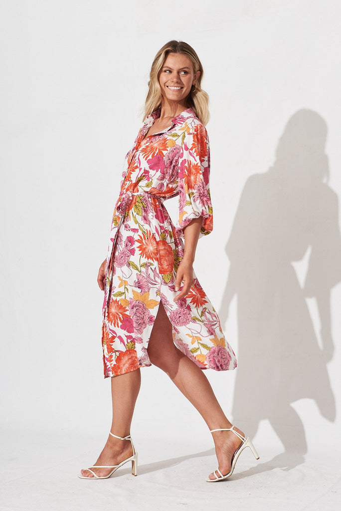 Francy Midi Shirt Dress In Orange And Pink Floral - side