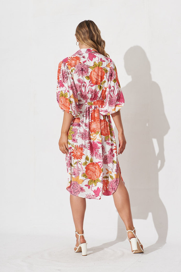 Francy Midi Shirt Dress In Orange And Pink Floral - back