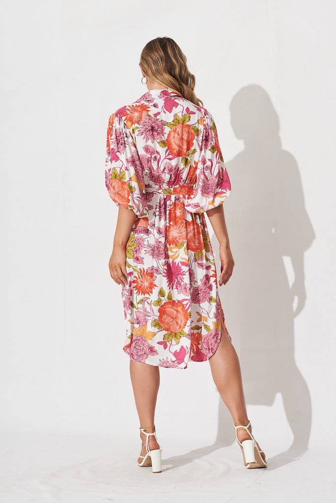 Francy Midi Shirt Dress In Orange And Pink Floral - back