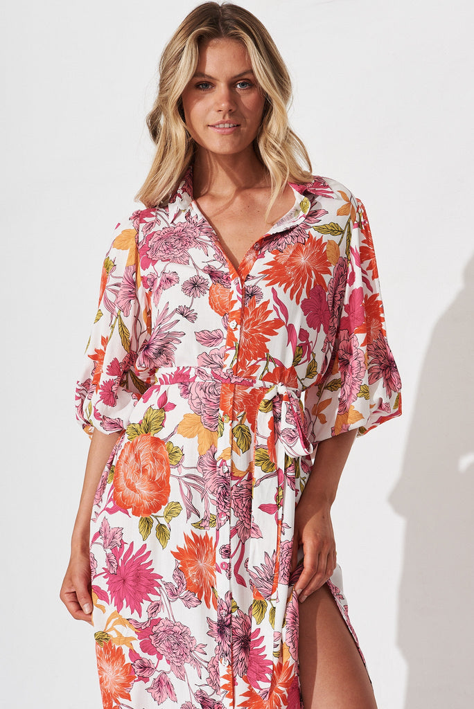 Francy Midi Shirt Dress In Orange And Pink Floral - front