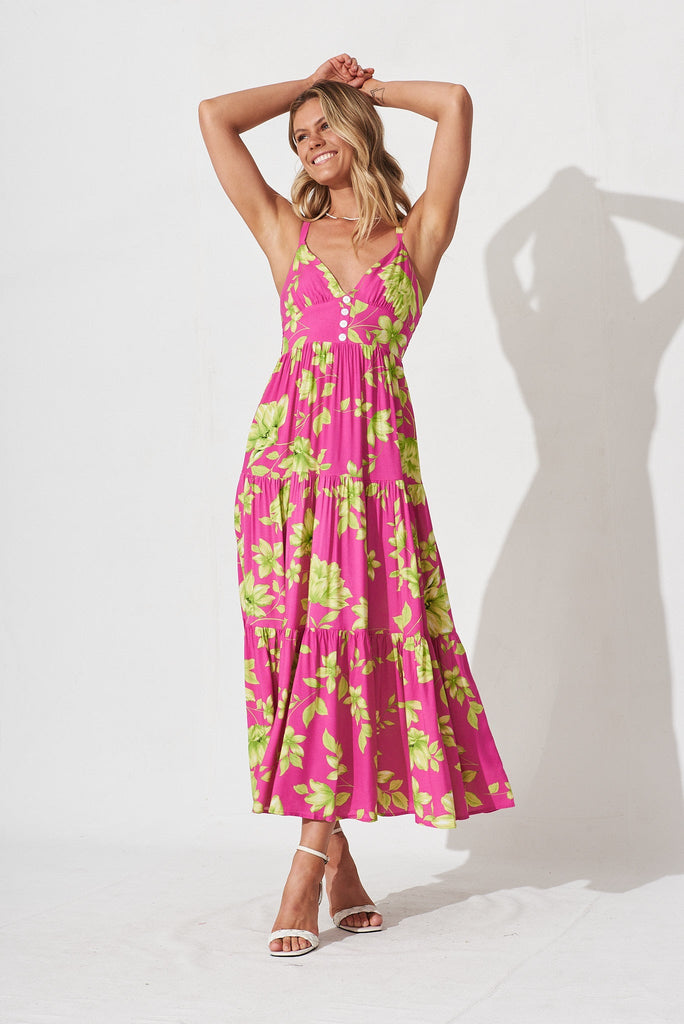 Delanie Maxi Dress In Pink With Green Floral - full length