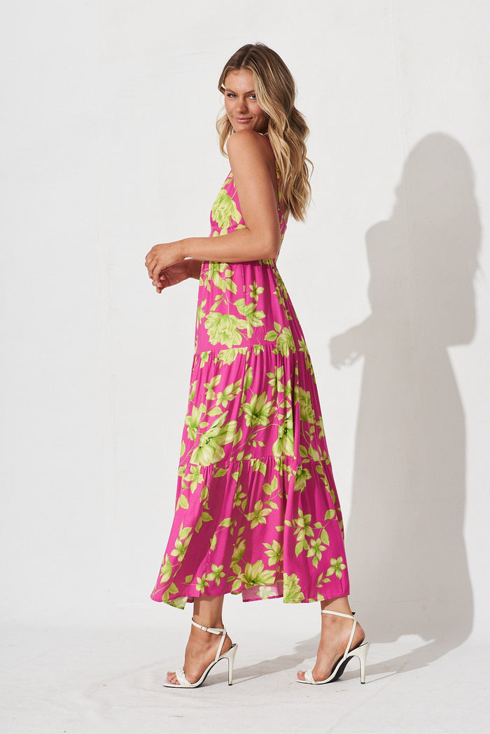Delanie Maxi Dress In Pink With Green Floral - side
