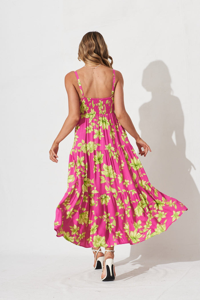 Delanie Maxi Dress In Pink With Green Floral - back
