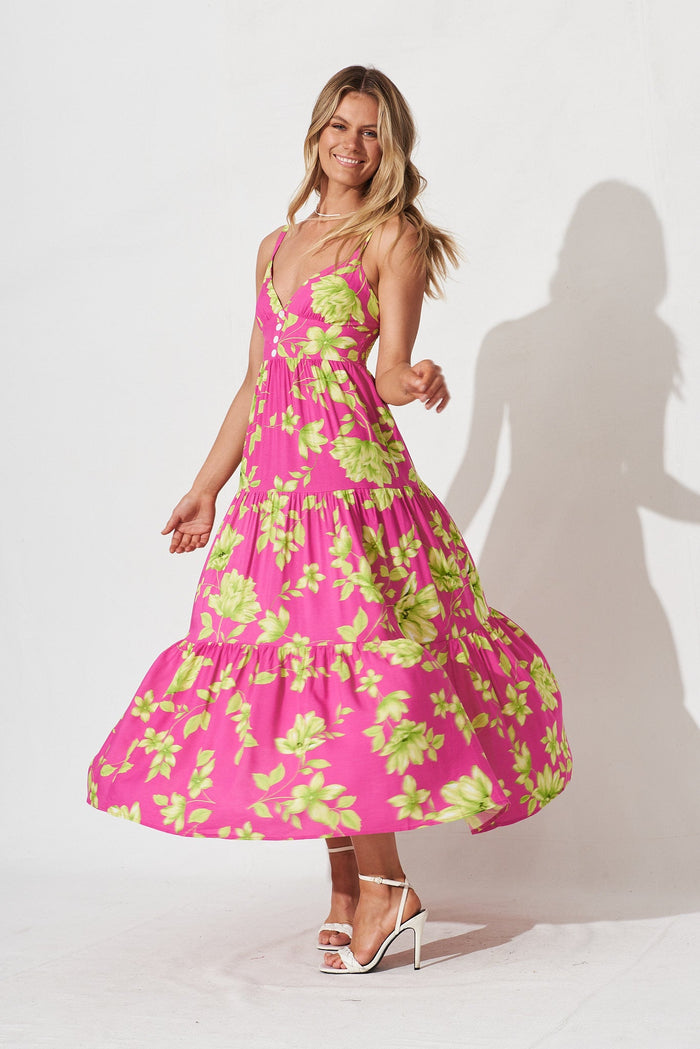 Delanie Maxi Dress In Pink With Green Floral - side