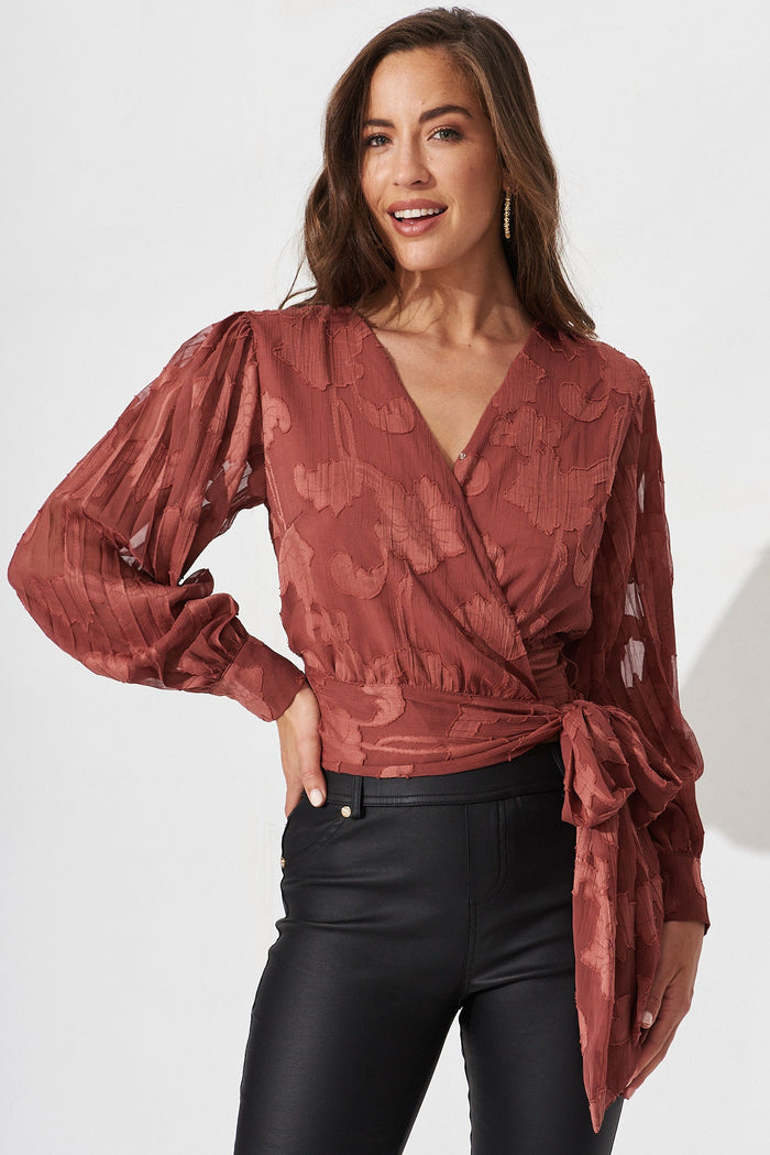 Gaya Wrap Top In Dusty Rose Chiffon - front