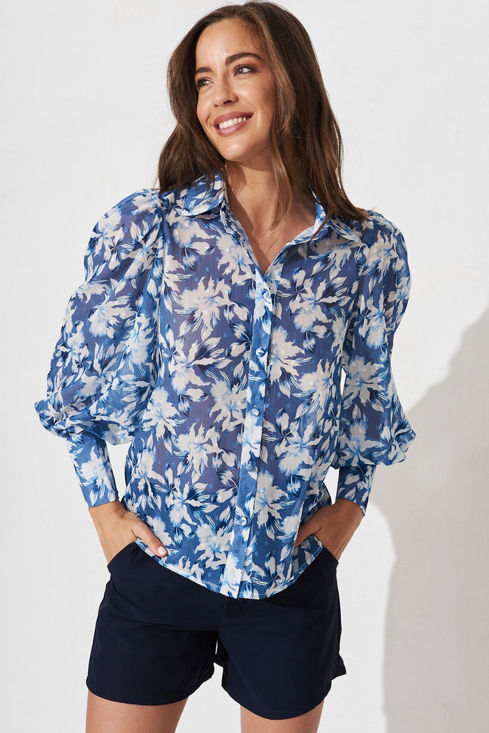 Orielle Top In Blue With White Floral Chiffon - front