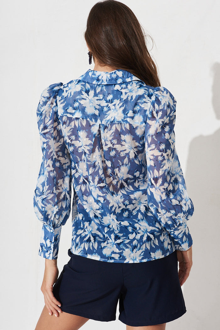 Orielle Top In Blue With White Floral Chiffon - back