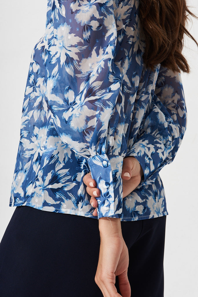 Orielle Top In Blue With White Floral Chiffon - detail