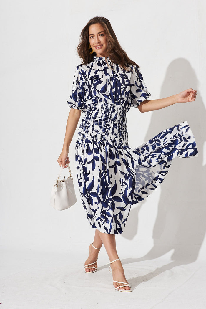 Madona Midi Dress In White With Navy Floral - full length
