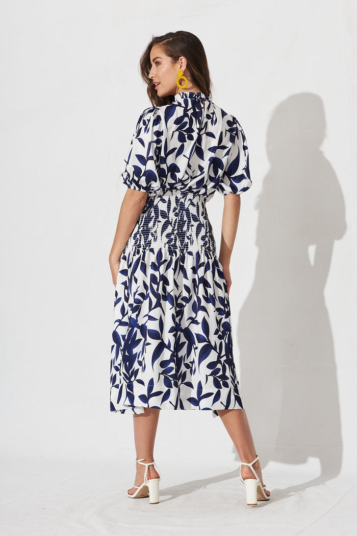 Madona Midi Dress In White With Navy Floral - back