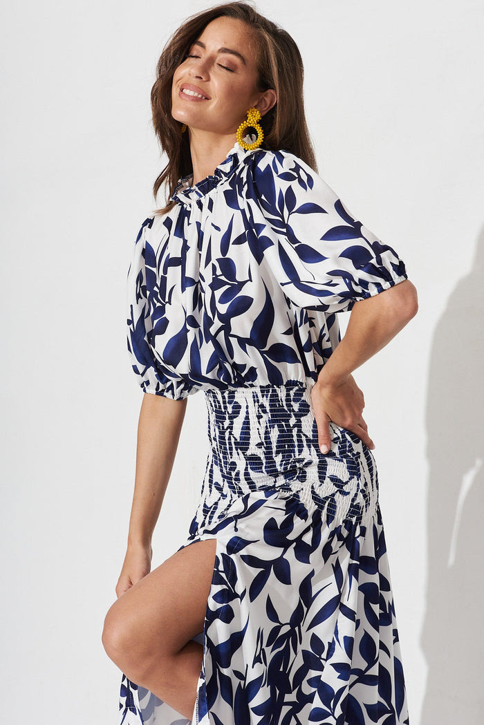 Madona Midi Dress In White With Navy Floral - front