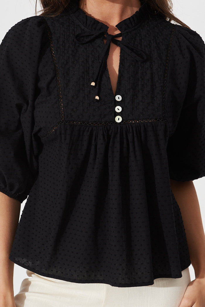 Enchantment Top In Black Cotton Swiss Dot - detail