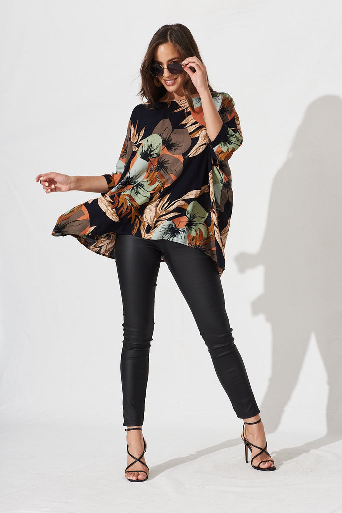 Jollee Top In Black With Multi Leaf Print - full length