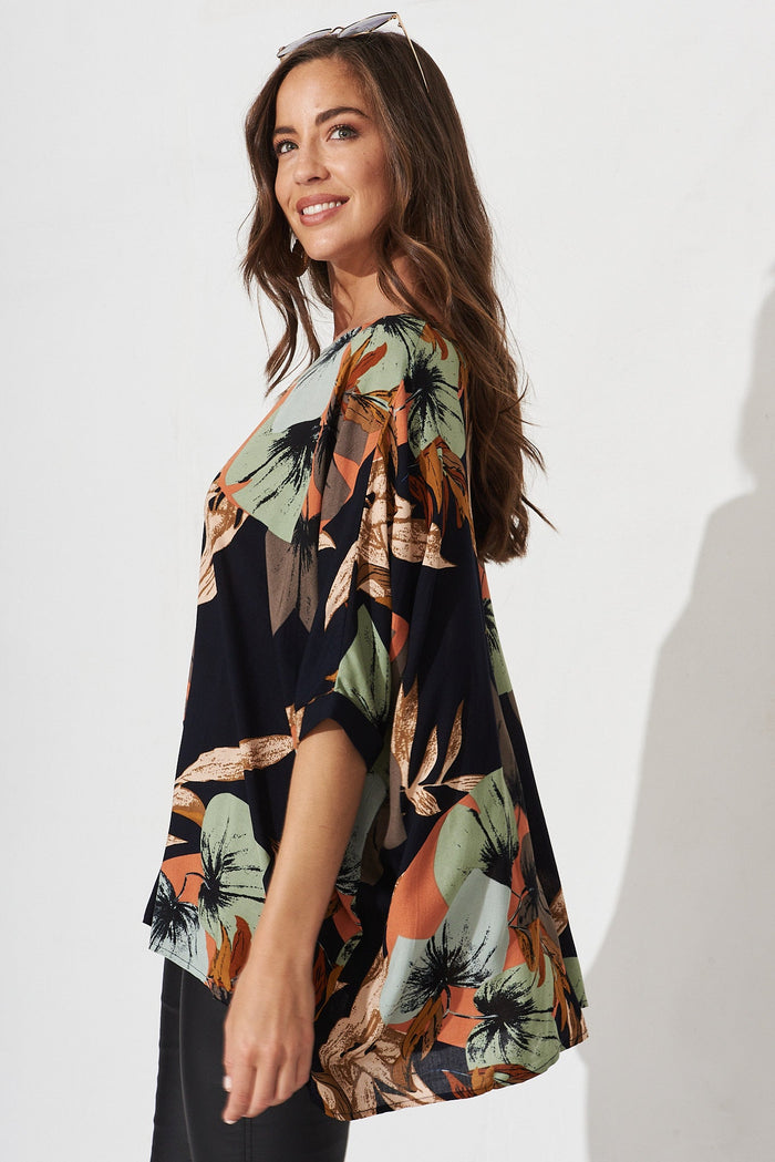 Jollee Top In Black With Multi Leaf Print - side