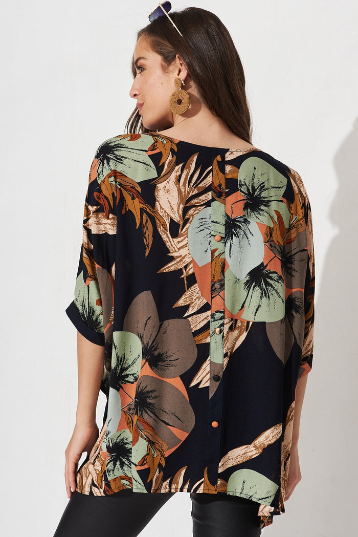 Jollee Top In Black With Multi Leaf Print - back