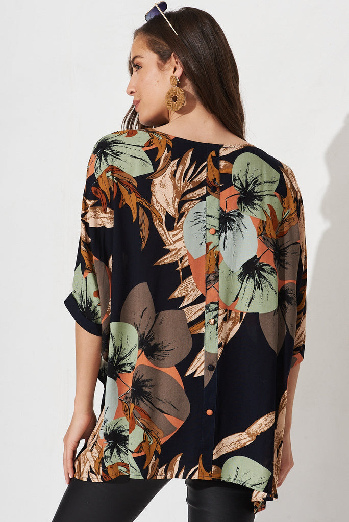Jollee Top In Black With Multi Leaf Print - back