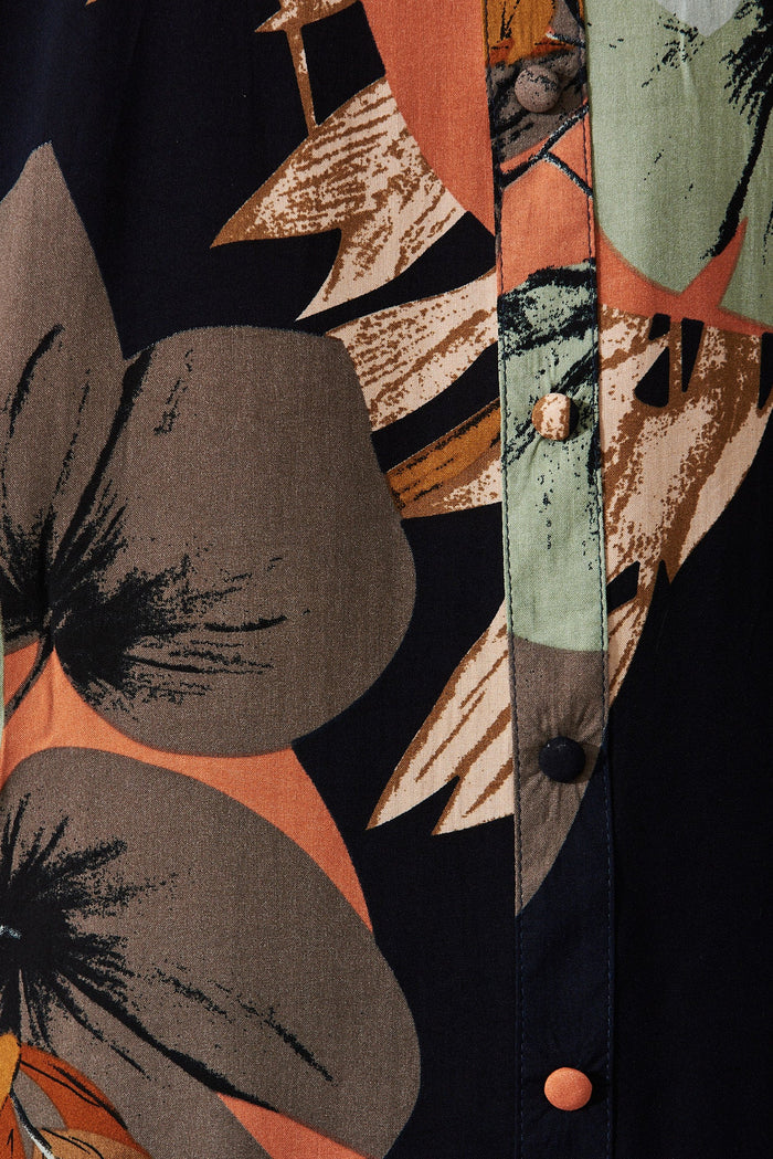 Jollee Top In Black With Multi Leaf Print - fabric