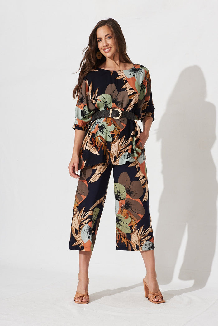Jollee Top In Black With Multi Leaf Print - full length