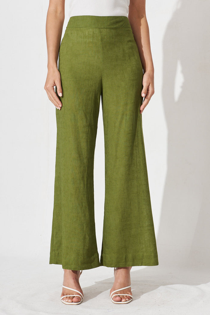 Amalia Pants In Olive Green Linen Blend - front