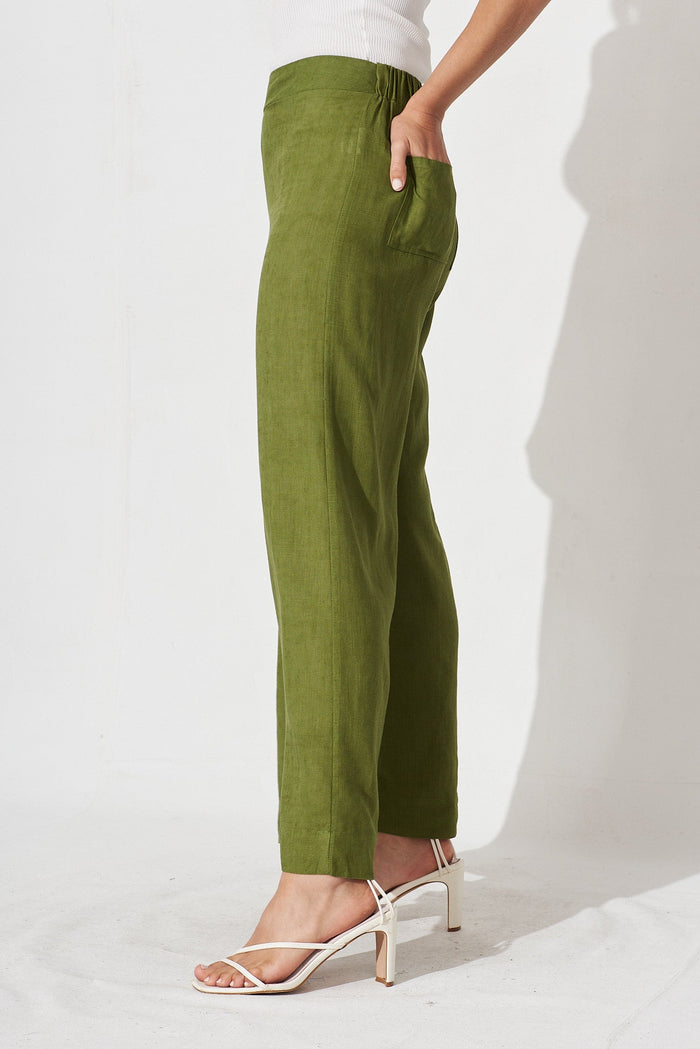 Amalia Pants In Olive Green Linen Blend - side