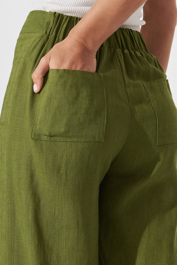 Amalia Pants In Olive Green Linen Blend - detail