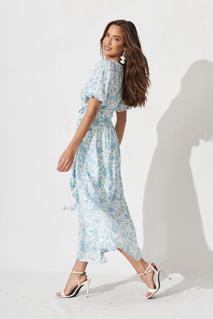 Gillie Maxi Wrap Dress In White With Blue Floral - side