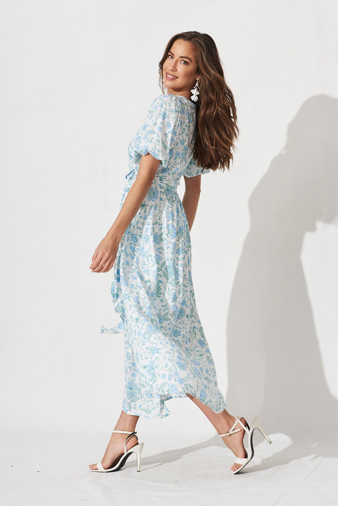 Gillie Maxi Wrap Dress In White With Blue Floral - side