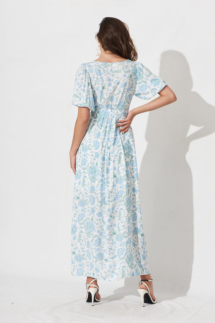 Gillie Maxi Wrap Dress In White With Blue Floral - back