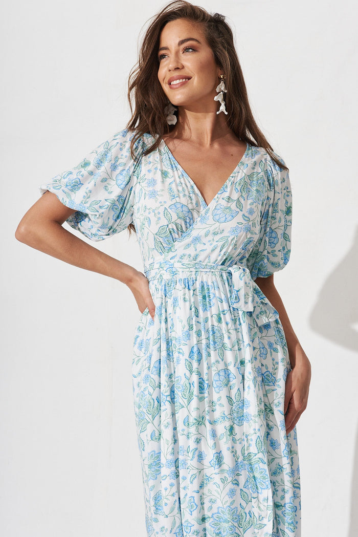 Gillie Maxi Wrap Dress In White With Blue Floral - front