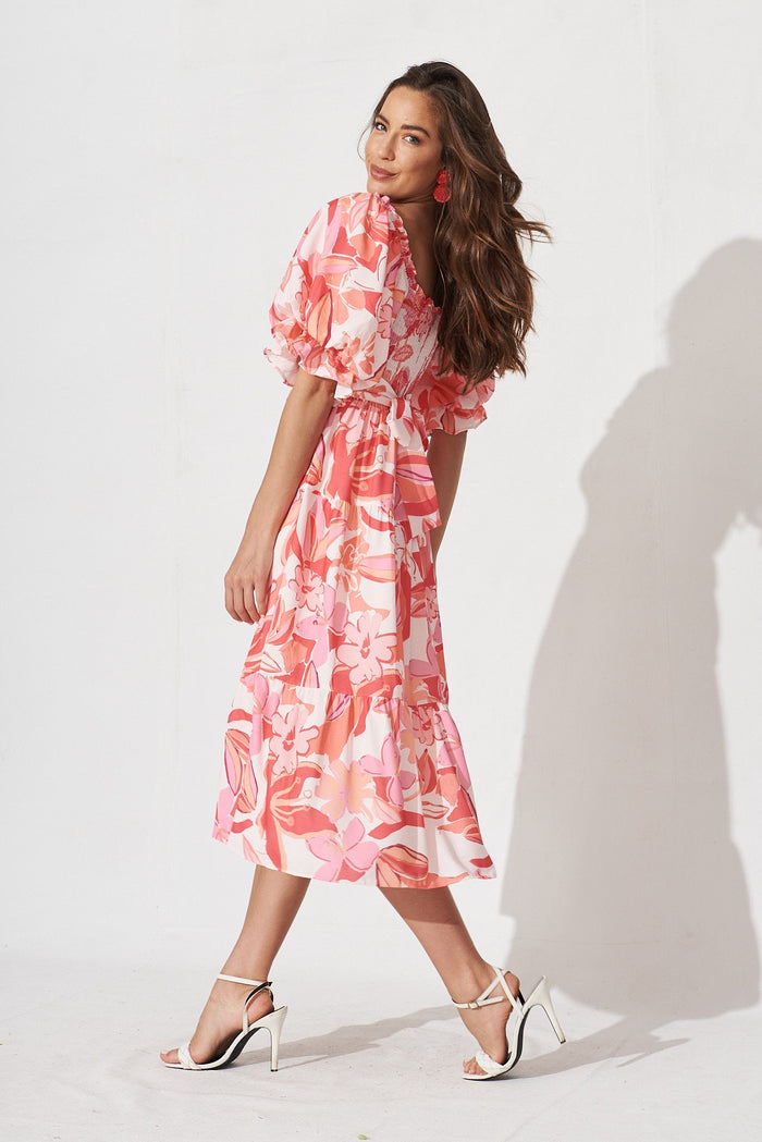 Katana Midi Dress In Pink With Red Floral - side